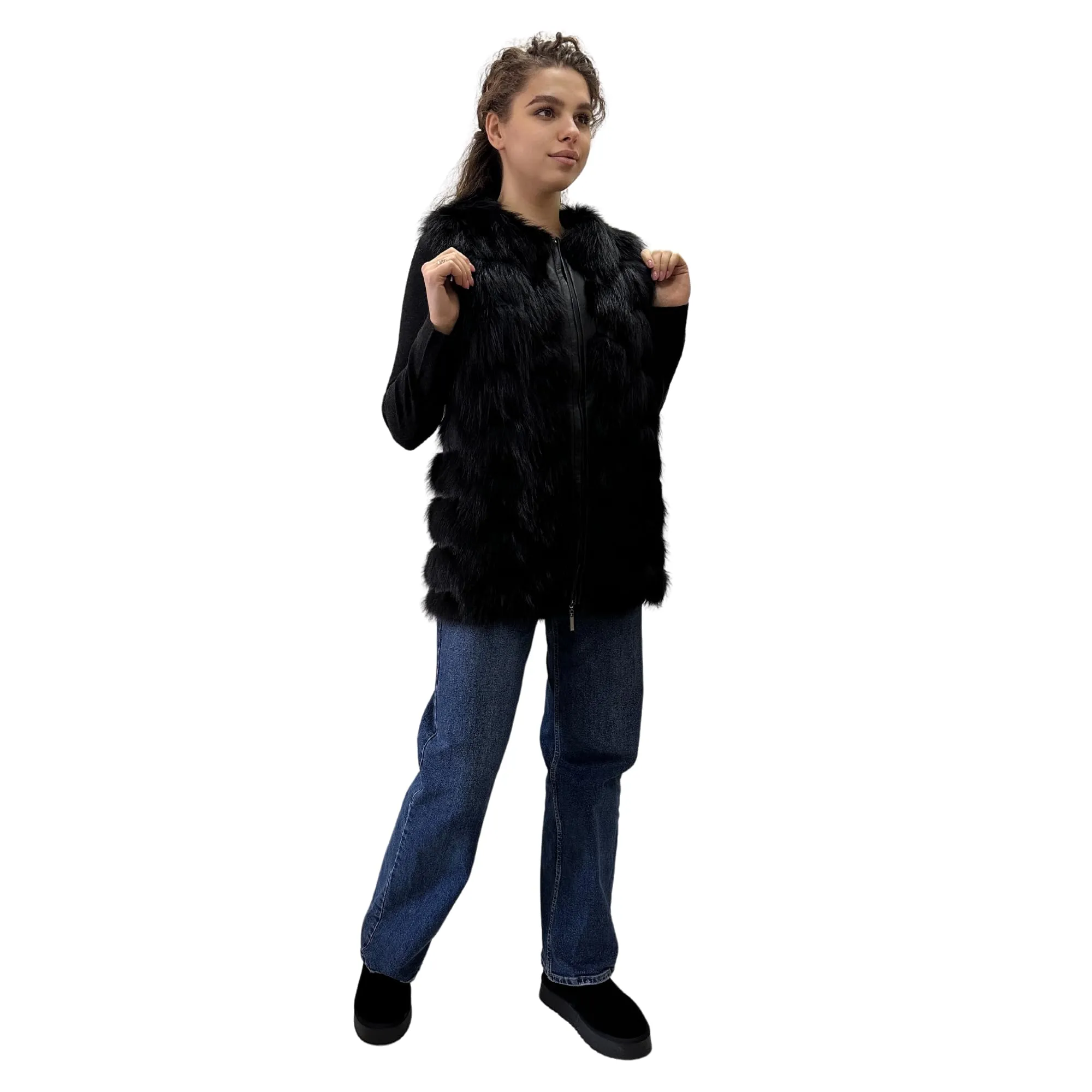 Black Natural Leather and Fox Fur Vest – Diamond Pattern, Zipper, and Lined Design (S)