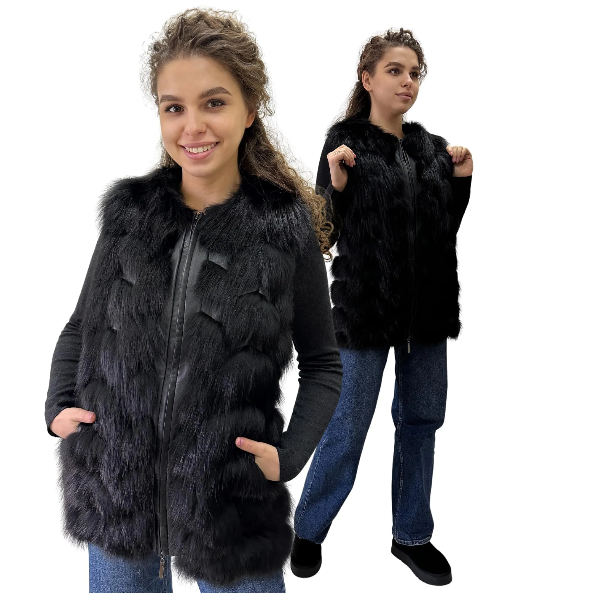 Black Natural Leather and Fox Fur Vest – Diamond Pattern, Zipper, and Lined Design (S)