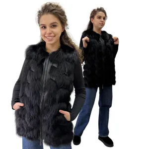 Black Natural Leather and Fox Fur Vest – Diamond Pattern, Zipper, and Lined Design (S)