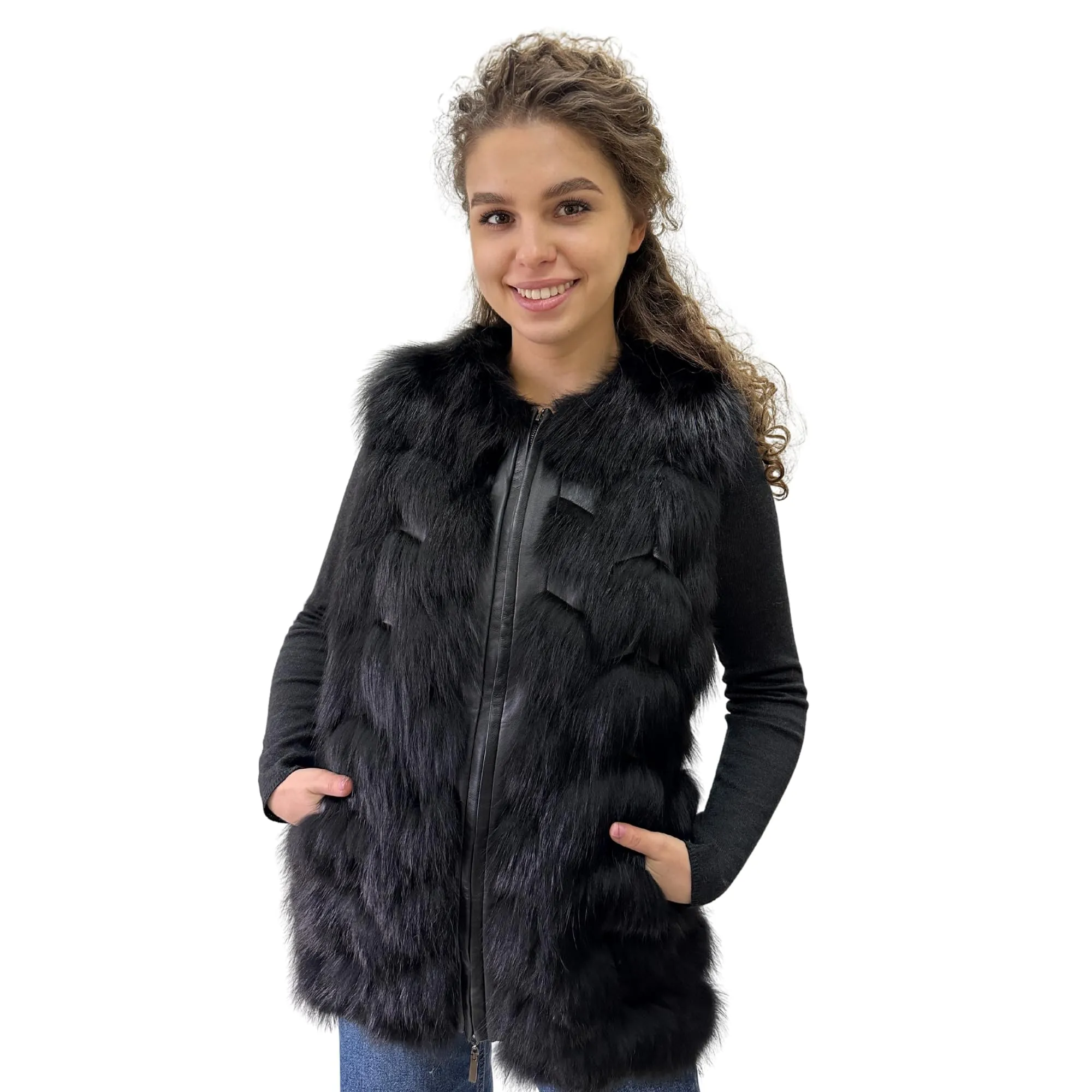 Black Natural Leather and Fox Fur Vest – Diamond Pattern, Zipper, and Lined Design (S)