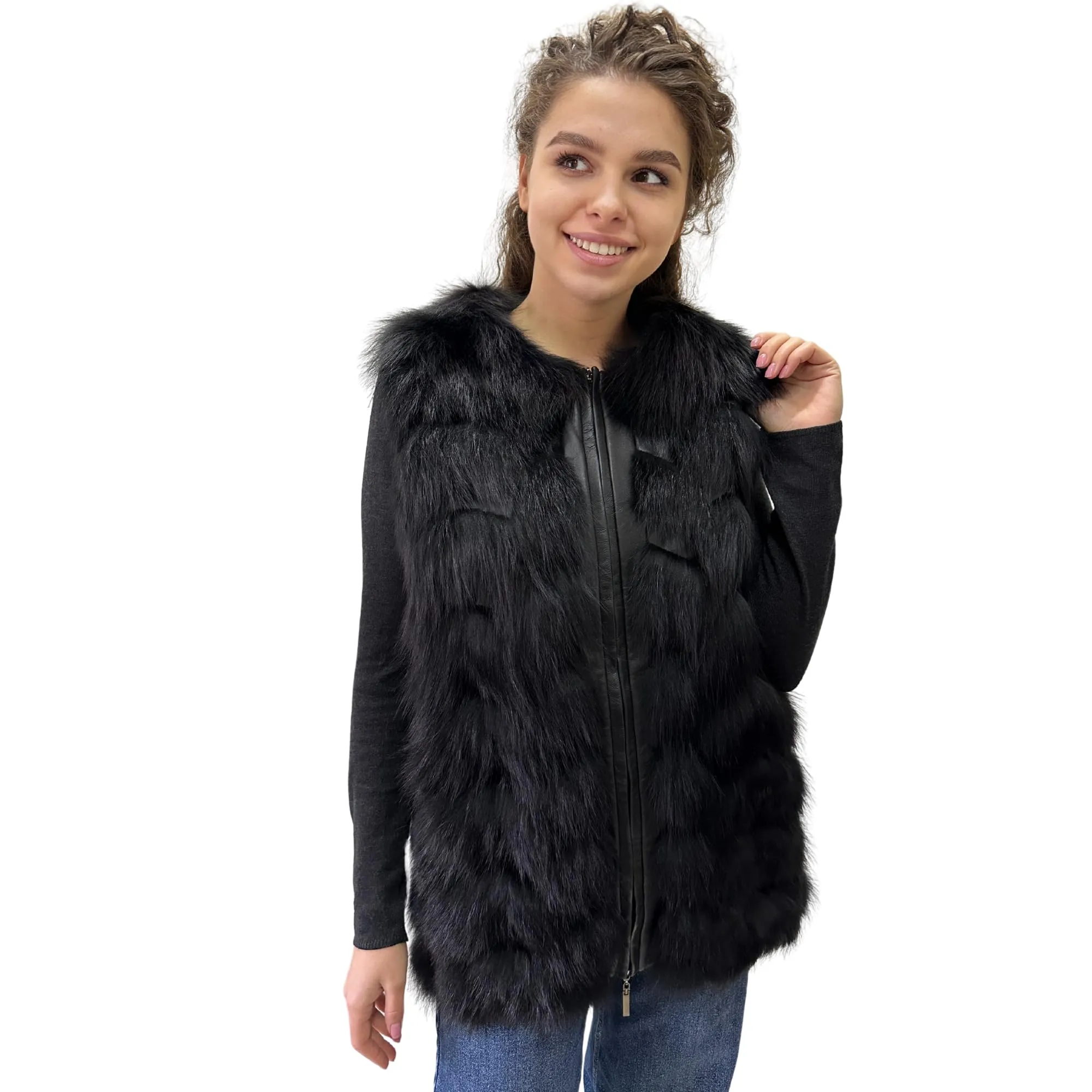 Black Natural Leather and Fox Fur Vest – Diamond Pattern, Zipper, and Lined Design (S)