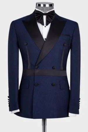 Stylish Navy Blue Peaked Lapel Double Breasted Prom Suits