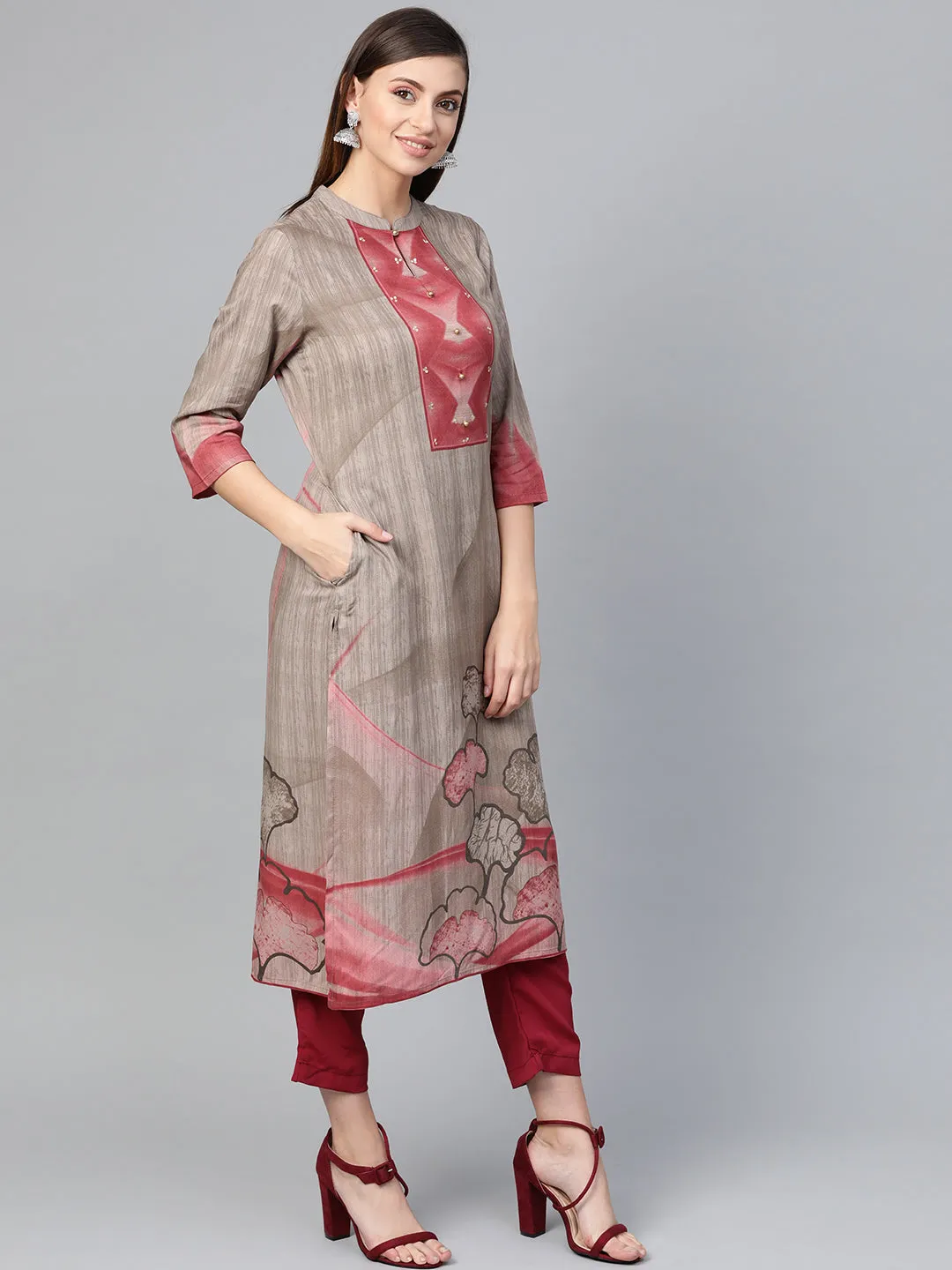 Women Grey & Dusty Pink Rayon Floral Kurta