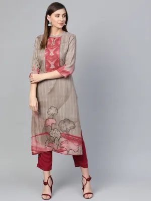 Women Grey & Dusty Pink Rayon Floral Kurta
