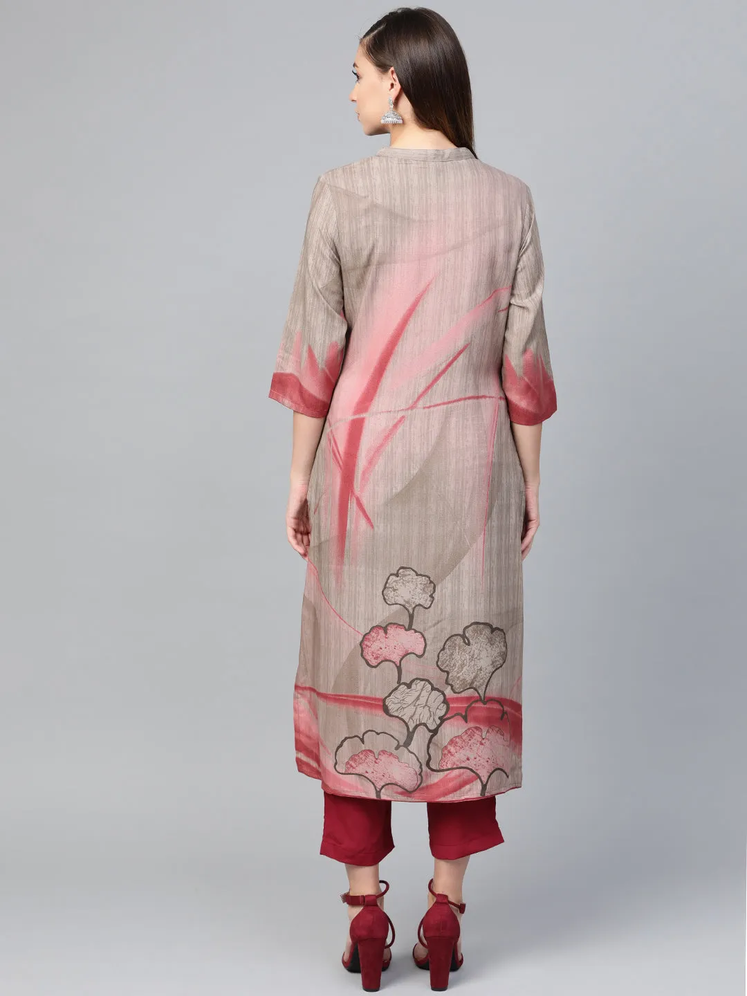 Women Grey & Dusty Pink Rayon Floral Kurta