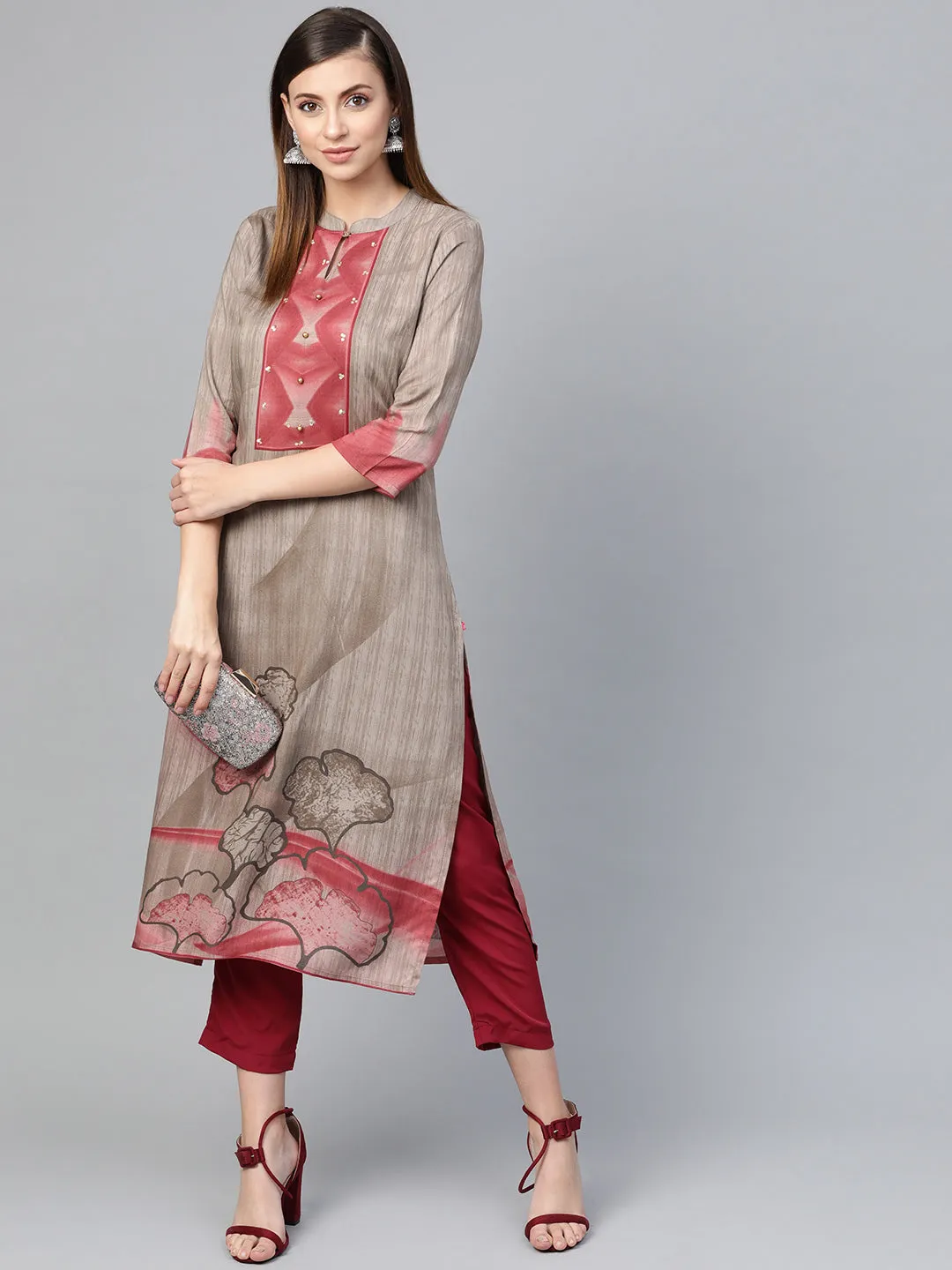 Women Grey & Dusty Pink Rayon Floral Kurta