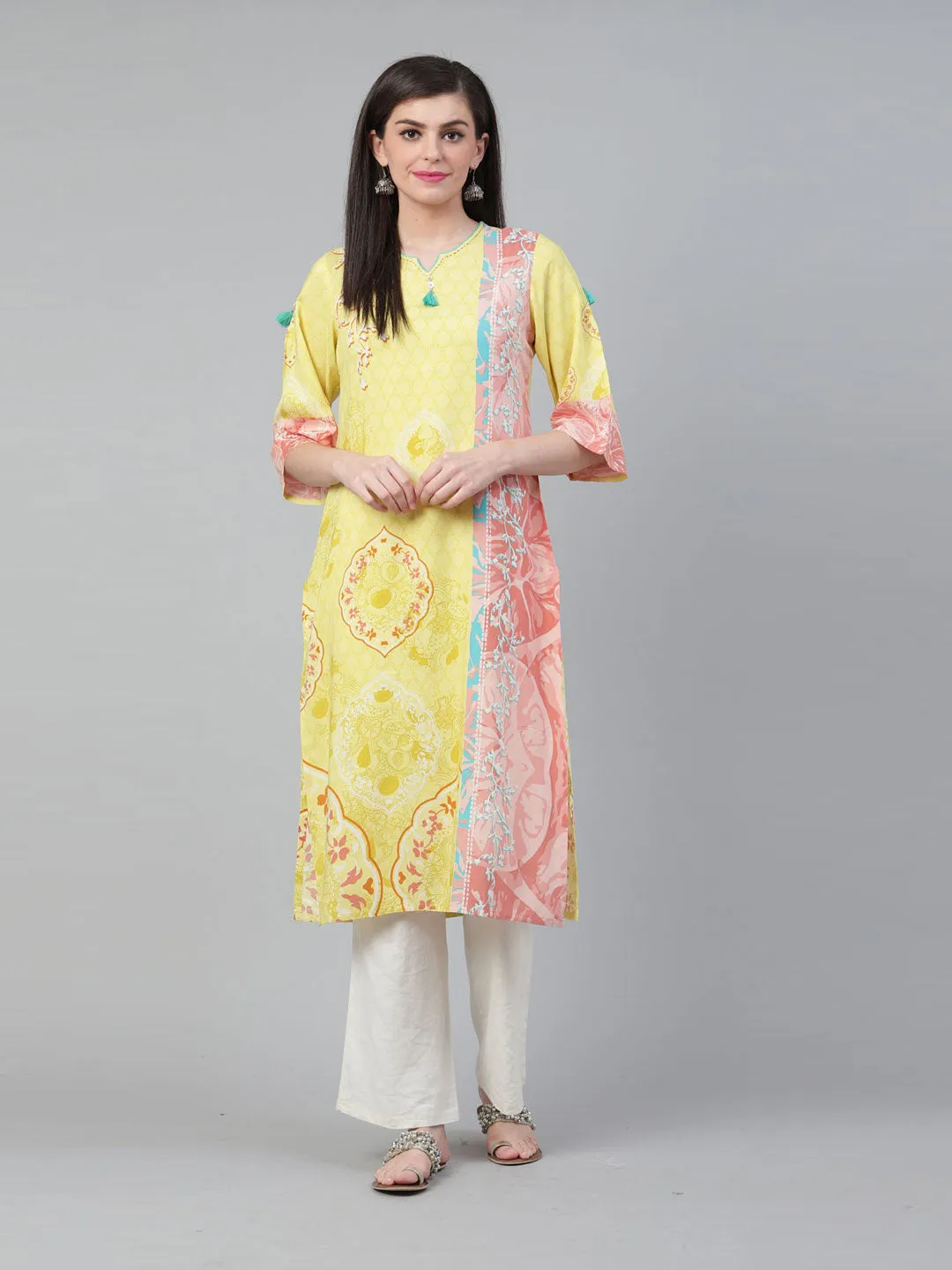 Women Lemon Rayon Printed Kurta