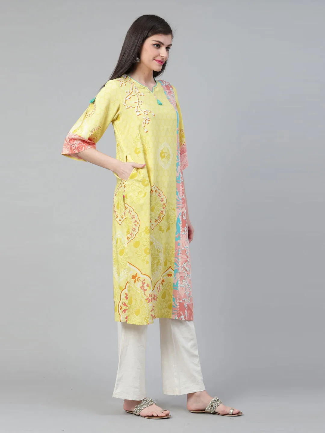 Women Lemon Rayon Printed Kurta