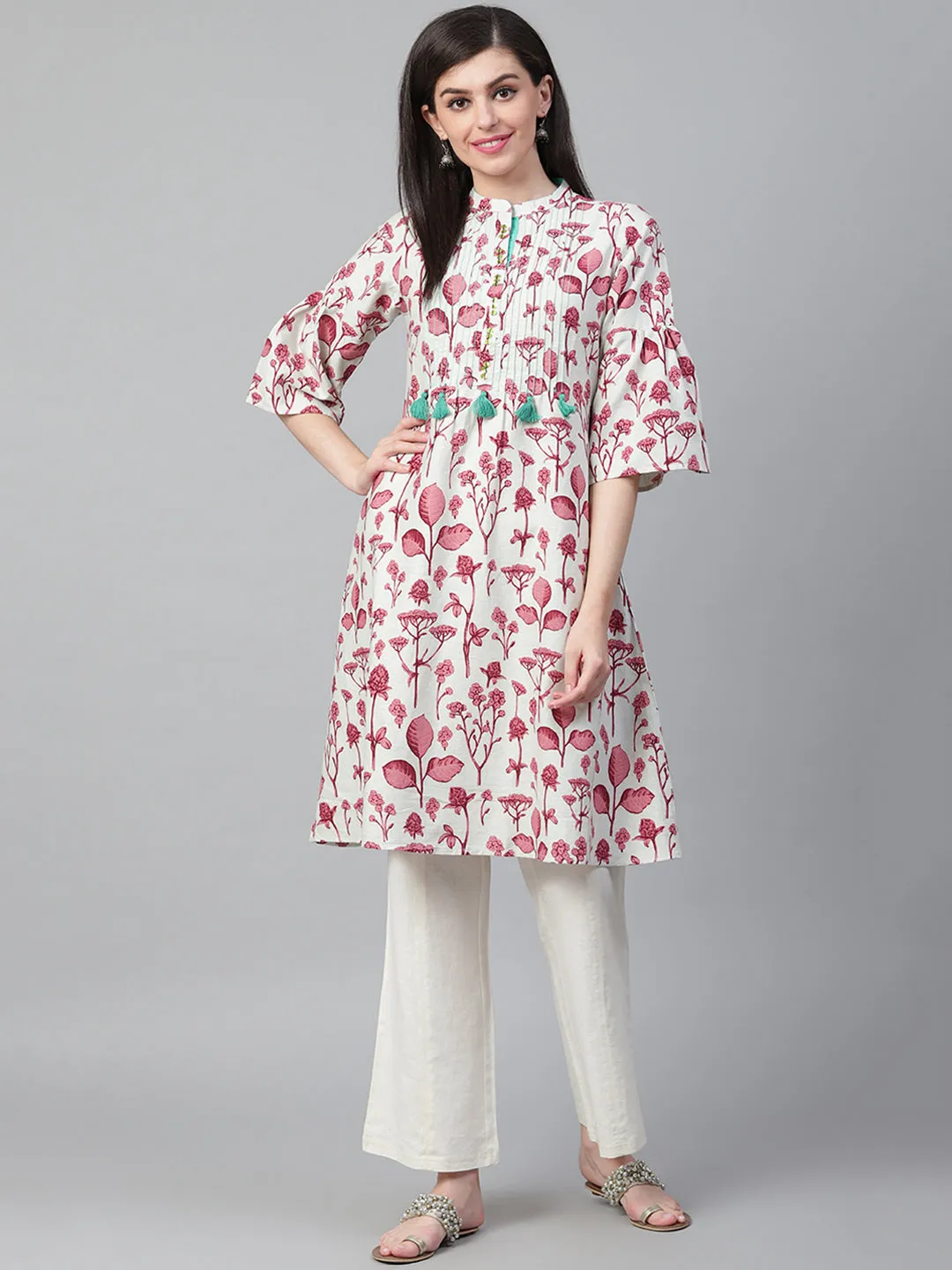 Women Off-White & Wine Cotton Floral Kurta