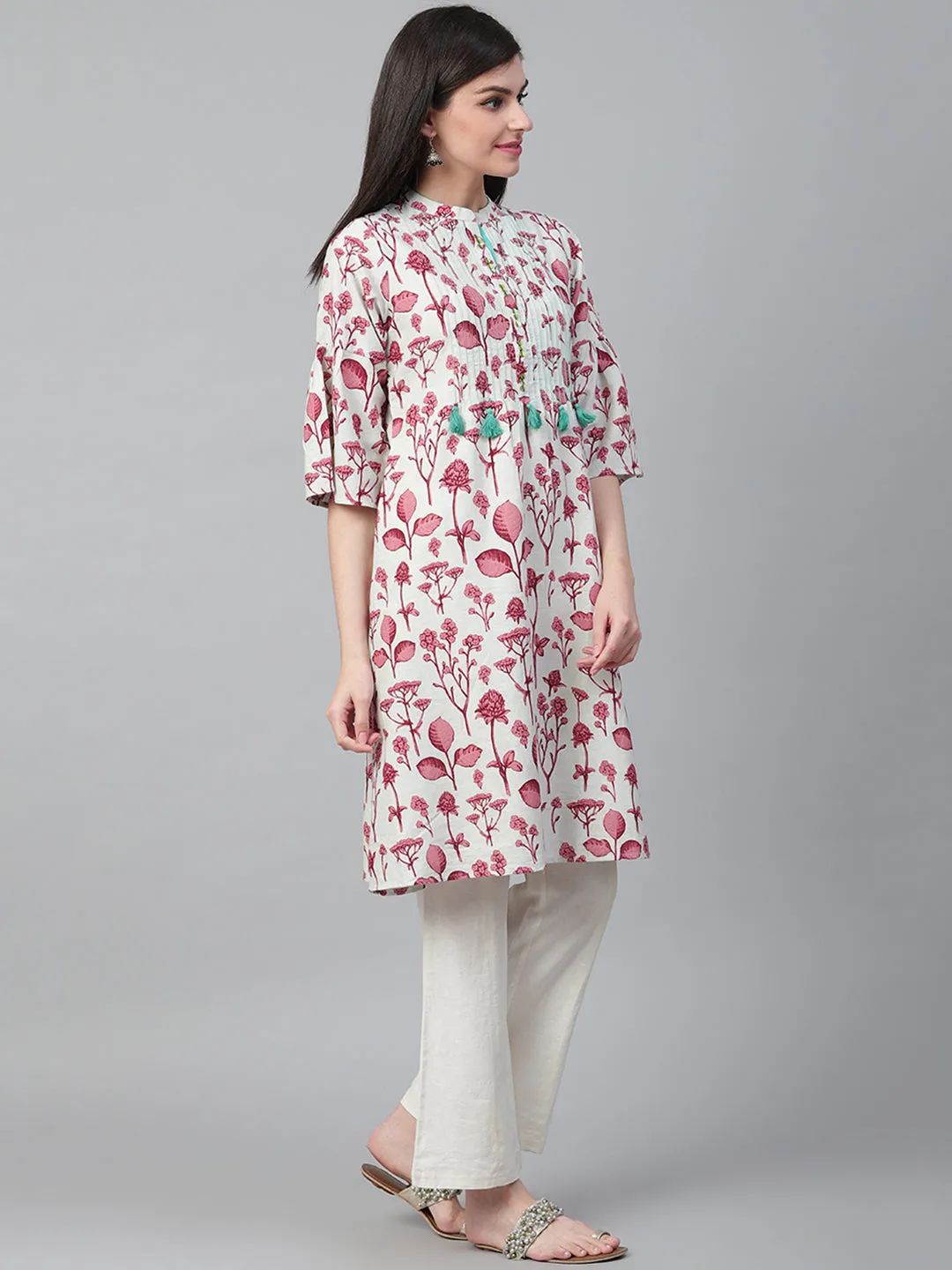Women Off-White & Wine Cotton Floral Kurta