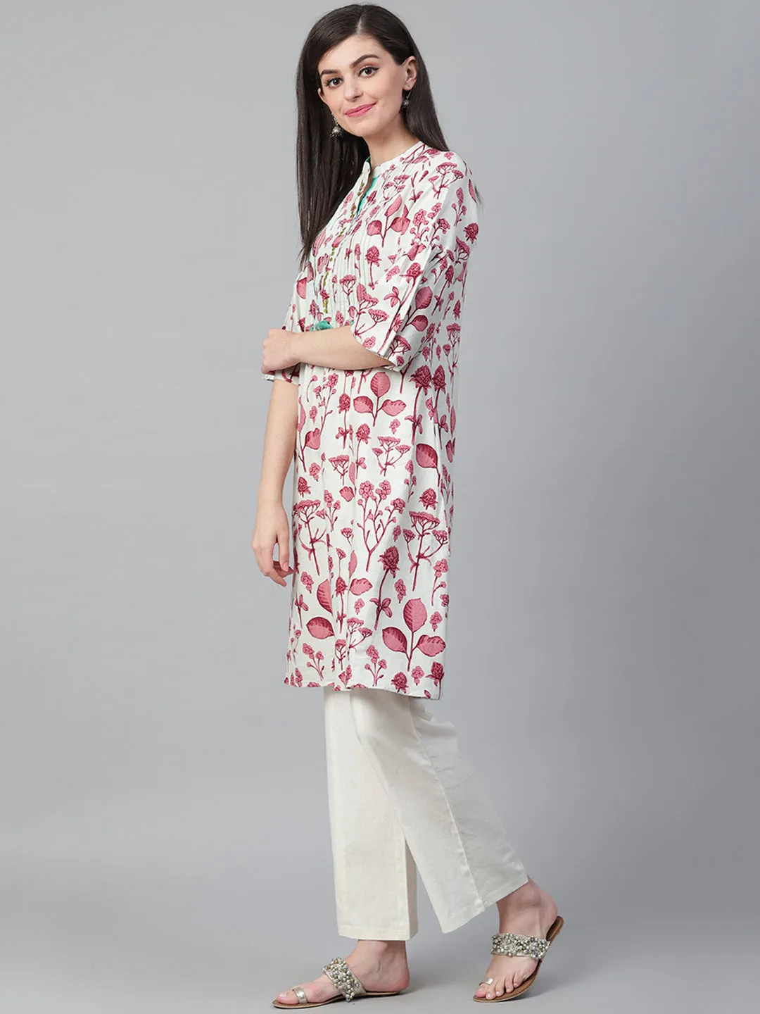 Women Off-White & Wine Cotton Floral Kurta
