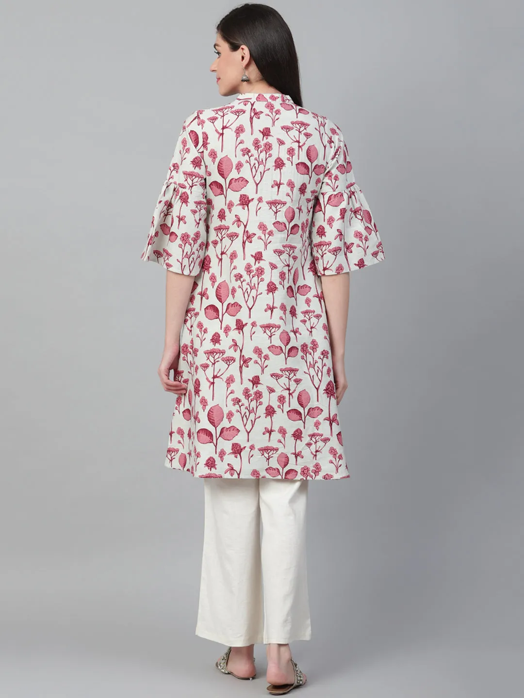 Women Off-White & Wine Cotton Floral Kurta
