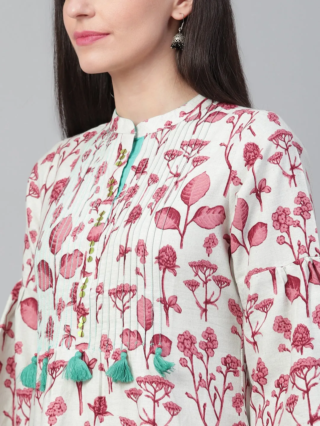 Women Off-White & Wine Cotton Floral Kurta